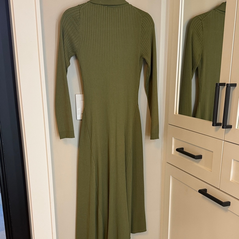 Mango Olive Green Ribbed Button-Down Long Sleeve Midi Dress - Picture 6 of 8